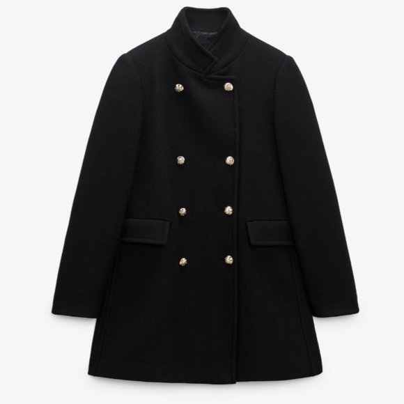 ZARA WOMAN Black Double Breasted Shoulder Pad Wool Black Coat With